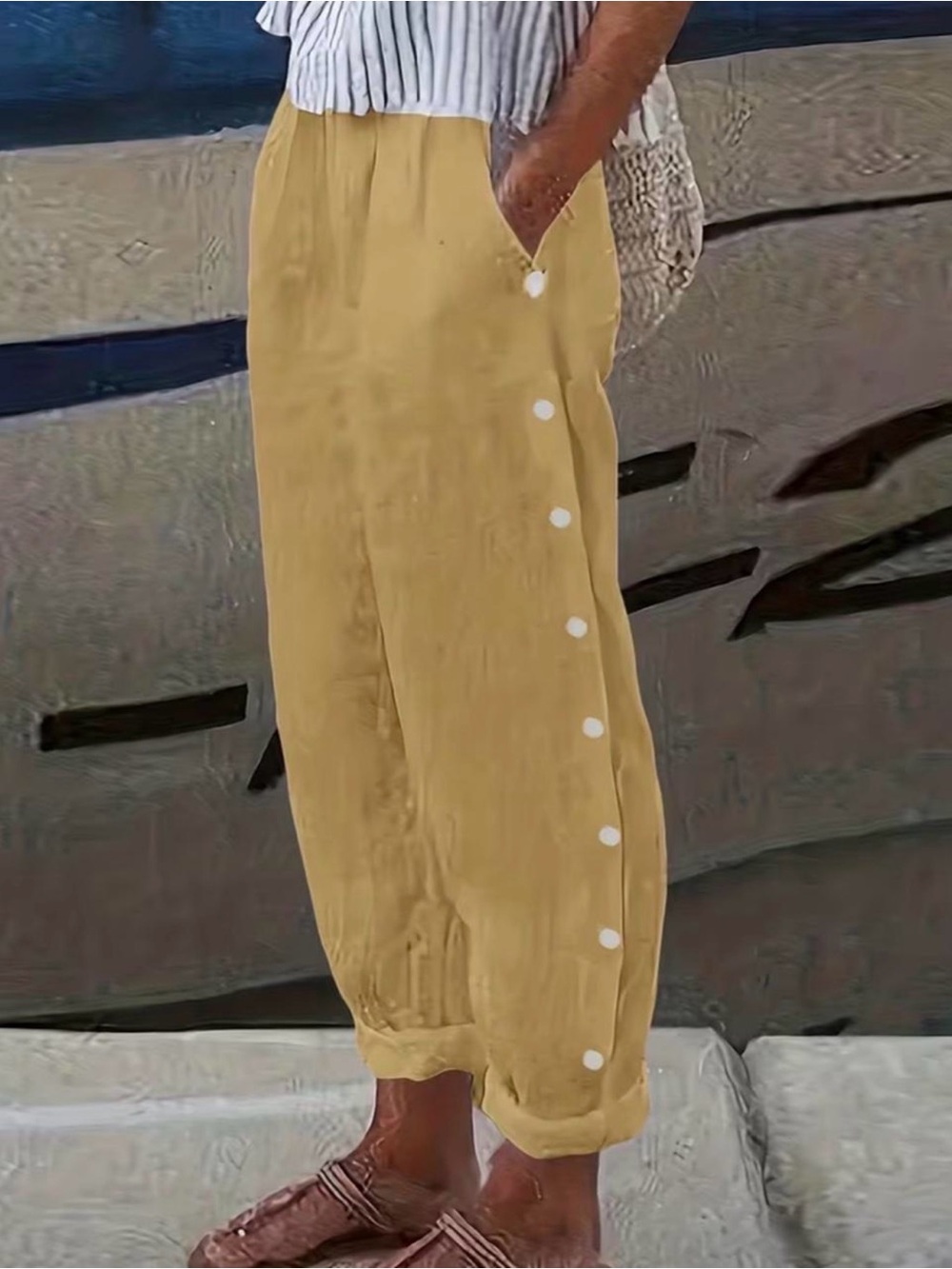 Casual Mustard Button-Trim Wide Leg Pants